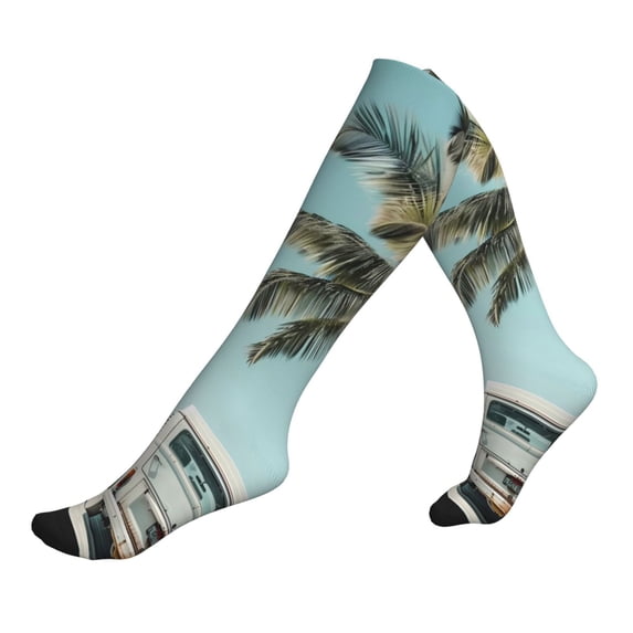 Lsque Vintage Surf Van Beach Pattern Sport Compression Socks for Men & Women 15-20 mmHg Knee High Nurse Pregnant Running Medical and Travel Athletic