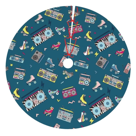 Lsque Vintage Tape Players And Skates Print Christmas Tree Skirt, Tree Skirt with Ties or Velcro, Perfect for Holiday Decorations, Halloween, and New Year-36"