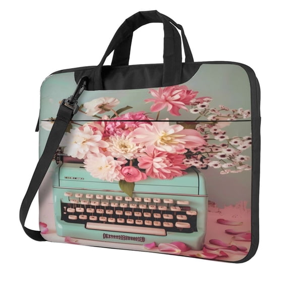 Lsque Vintage Typewriter Floral Pattern Laptop Bag – Portable & Slim Single-Shoulder Computer Case with Adjustable Strap, Protective, Lightweight for 13”/14”/15.6” Laptops