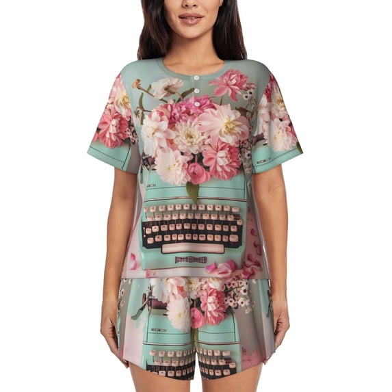 Lsque Vintage Typewriter Floral Women's Short-Sleeved Pajama Set - 2 Piece Soft and Lightweight Sleepwear Set-Medium