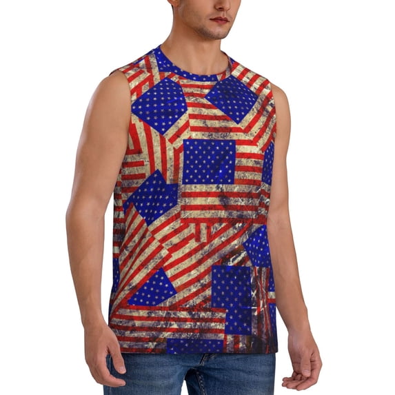 Lsque Vintage USA Flag Print Men's Cotton Blend Sleeveless Muscle Shirts (S-3XL)- Moisture Wicking, Odor Protection, UPF 30+,3X-Large