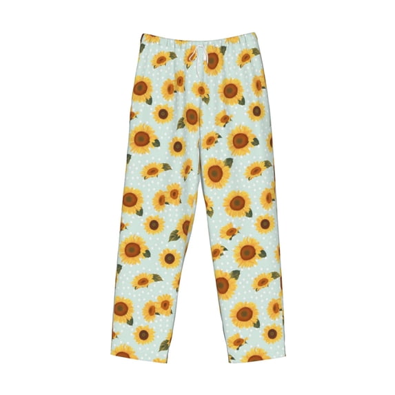 Lsque Vintage White Polka Dot Sunflower Print Men's Pajama Pants, Lounge Pant - Comfortable Home Wear,Elastic Waistband, Stylish Design-Medium