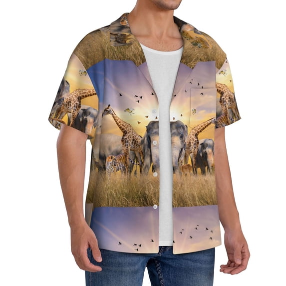 Lsque Vintage Wildlife Protection print Men's Cuban Collar Short Sleeve Shirt Summer Beachwear Casual Button Down Fashionable Vacation Leisure Shirt-3X-Large