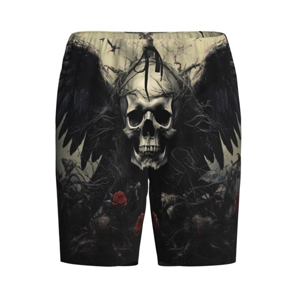 Lsque Vintage Winged Rose Skull Mens Sleep Pajama Shorts,Short Pajama Pants, Cotton Ultra-Soft Knit-Small