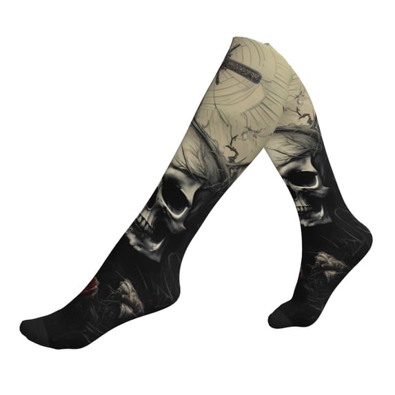Lsque Vintage Winged Rose Skull Pattern Sport Compression Socks for Men & Women 15-20 mmHg Knee High Nurse Pregnant Running Medical and Travel Athletic