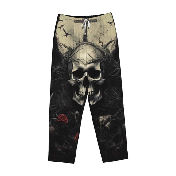 Lsque Vintage Winged Rose Skull Print Women's Pajama Pants, Lounge Pant - Comfortable Home Wear,Elastic Waistband, Stylish Design-Medium