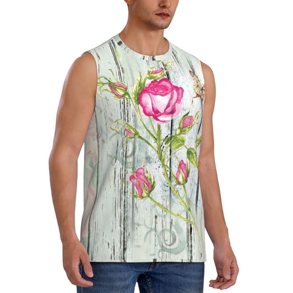 Lsque Vintage Wood Background with Floral Print Men's Cotton Blend Sleeveless Muscle Shirts (S-3XL)- Moisture Wicking, Odor Protection, UPF 30+,X-Large