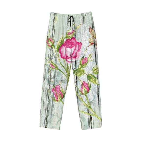 Lsque Vintage Wood Background with Floral Print Men's Pajama Pants, Lounge Pant - Comfortable Home Wear,Elastic Waistband, Stylish Design-Large