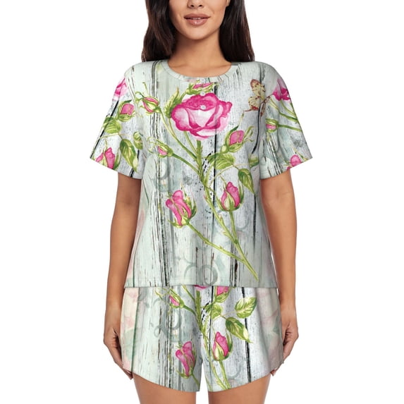 Lsque Vintage Wood Background with Floral Women's Short-Sleeved Pajama Set - 2 Piece Soft and Lightweight Sleepwear Set-3X-Large