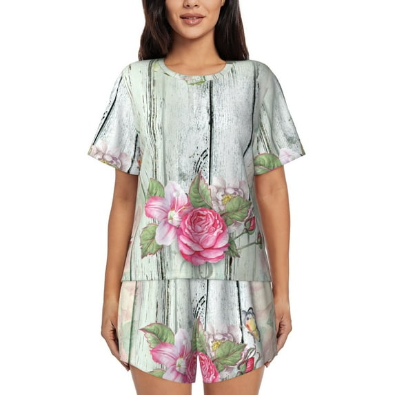 Lsque Vintage Wood with Floral Women's Short-Sleeved Pajama Set - 2 Piece Soft and Lightweight Sleepwear Set-XX-Large
