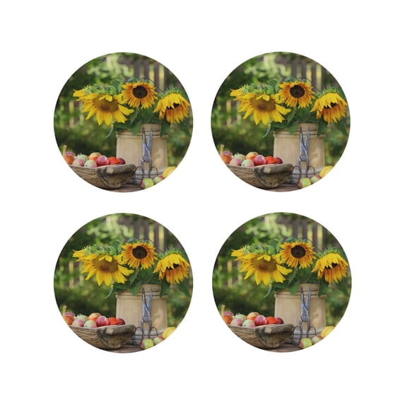 Lsque Vintage Wooden Bucket Pattern 4" Drink Coasters Set of 4, PVC Leather Absorbent Coasters, Table Coaster Set Decorative Coffee Cup Coasters Housewarming Gift -Round Shape