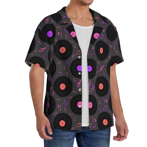 Lsque Vinyl Records Musical Notes print Men's Cuban Collar Short Sleeve Shirt Summer Beachwear Casual Button Down Fashionable Vacation Leisure Shirt-3X-Large