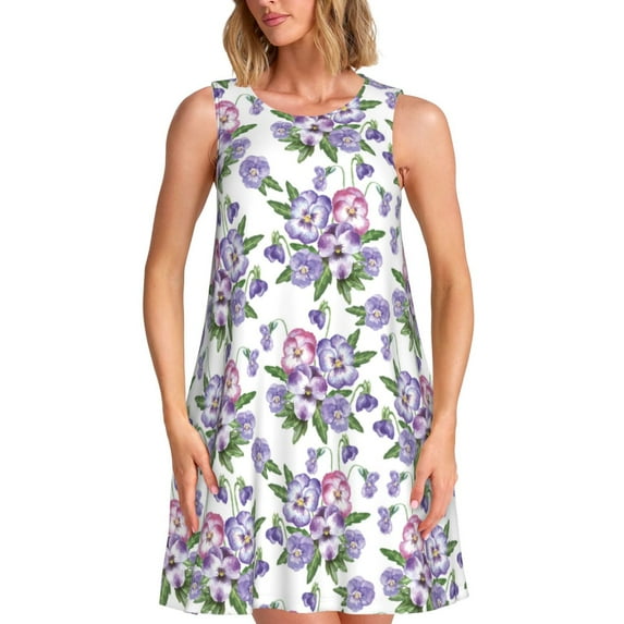 Lsque Violets Flowers Pattern Summer Dresses for Women – Sleeveless T-Shirt Swing Sundress, Perfect for the Beach and Casual Days