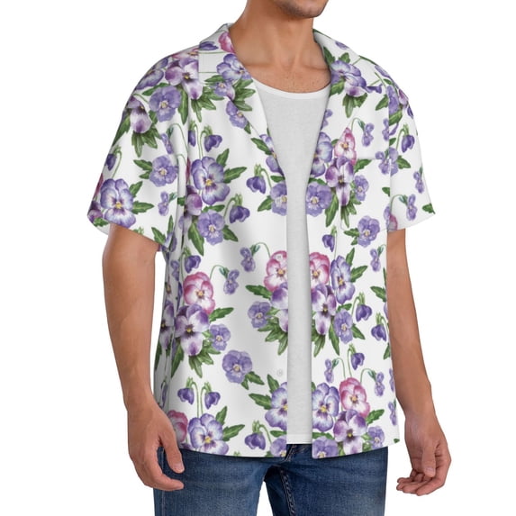 Lsque Violets Flowers print Men's Cuban Collar Short Sleeve Shirt Summer Beachwear Casual Button Down Fashionable Vacation Leisure Shirt-Small