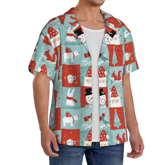 Lsque Warm Christmas Memories print Men's Cuban Collar Short Sleeve Shirt Summer Beachwear Casual Button Down Fashionable Vacation Leisure Shirt-XX-Large