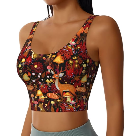 Lsque Warm Forest Plants and Deer Printed Women'S Sports Bra, Compression, Moisture Wicking, High-Impact Sports Bra For Women,Supportive sports bra-X-Large