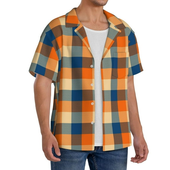 Lsque Warm Orange Plaid print Men's Cuban Collar Short Sleeve Shirt Summer Beachwear Casual Button Down Fashionable Vacation Leisure Shirt-Large