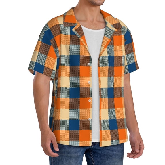 Lsque Warm Orange Plaid print Men's Cuban Collar Short Sleeve Shirt Summer Beachwear Casual Button Down Fashionable Vacation Leisure Shirt-Medium