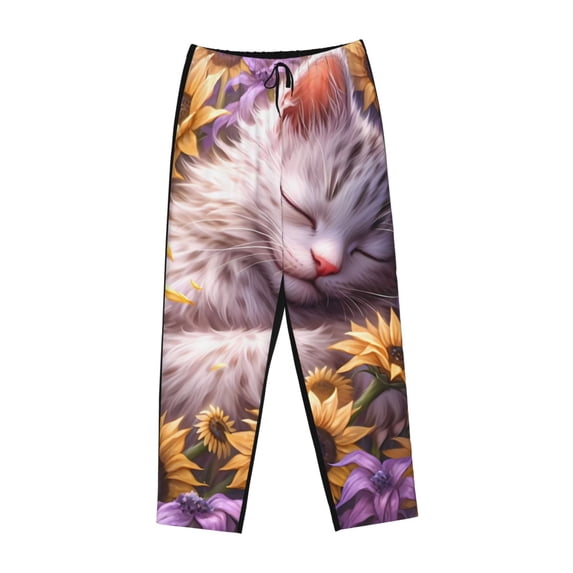 Lsque Warm Sunflower Sleeping Cat Print Women's Pajama Pants, Lounge Pant - Comfortable Home Wear,Elastic Waistband, Stylish Design-Large