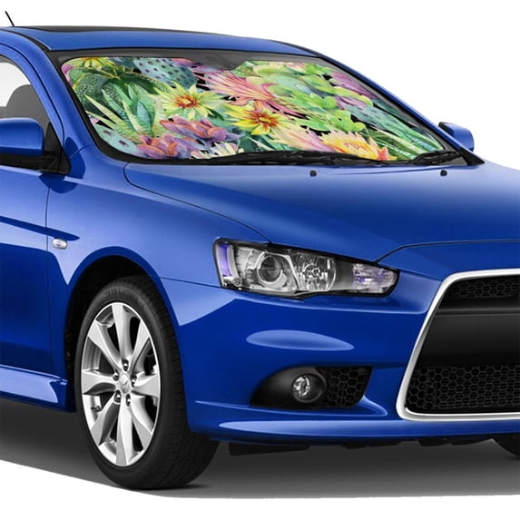 Lsque Watercolor Blooming Cactus Car Windshield Sun Shade | Accordion Folding Style Auto Shade for Car Truck SUV Van | Blocks UV Rays Sun Visor Protector | Small
