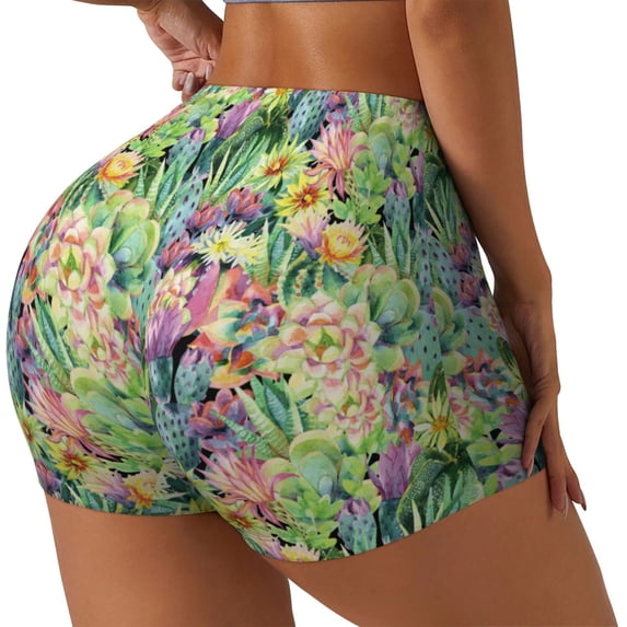 Lsque Watercolor Blooming Cactus Pattern High Waisted Biker Shorts for Women-Tummy Control Fitness Athletic Workout Running Yoga Gym Shorts,Moisture-Wicking-Large