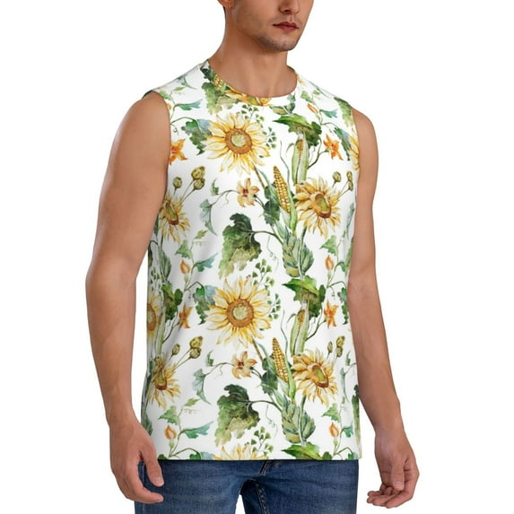 Lsque Watercolor Bright Sunflowers Print Men's Cotton Blend Sleeveless Muscle Shirts (S-3XL)- Moisture Wicking, Odor Protection, UPF 30+,XX-Large