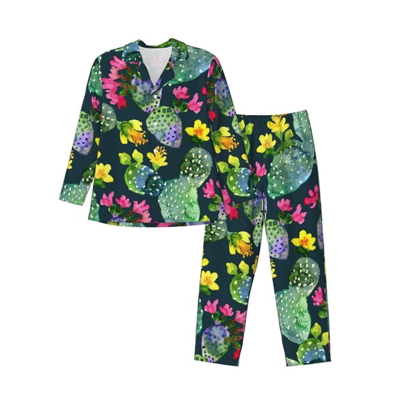 Lsque Watercolor Cactuses Pattern Long Sleeve Pajama Set for Men - Soft 2-Piece Sleepwear and Loungewear Set with Pockets, Comfy Nightwear-Small