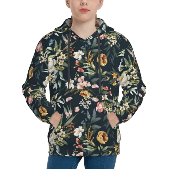 Lsque Watercolor Floral Patten Youth Hoodie Sweatshirt Pullover with Kangaroo Pocket Boys and Girls Hoodie Warm Hoodie for Kids-X-Large