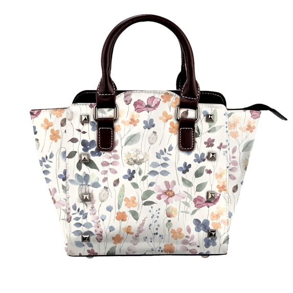Lsque Watercolor Floral Pattern Leather Rivet Shoulder Bag – Elegant Genuine Leather & Microfiber PU Crossbody with Detachable Adjustable Strap