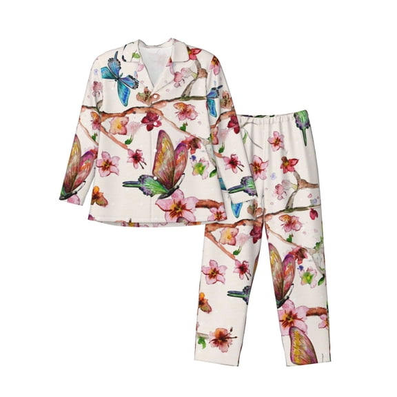 Lsque Watercolor Floral With Butterflies Pattern Long Sleeve Pajama Set for Men - Soft 2-Piece Sleepwear and Loungewear Set with Pockets, Comfy Nightwear-Medium