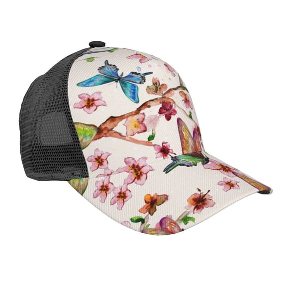 Lsque Watercolor Floral With Butterflies Printed Trucker Hat - Baseball Cap for Men Women - Breathable Mesh Side, Adjustable Fit - for Casual Wear