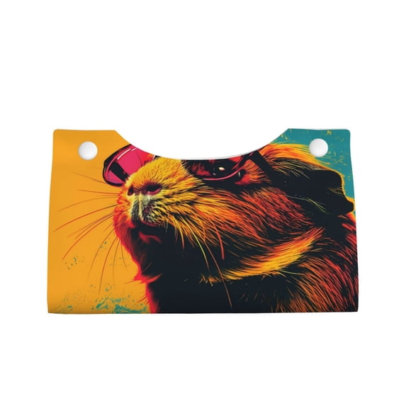 Lsque Watercolor Glasses Guinea Pig Printed Long Tissue Box Cover Holder, Facial Paper Organizer Dispenser,Triangle with Bottom Belt, PVC Leather Decorative Organizer