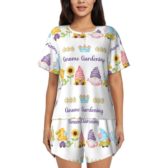 Lsque Watercolor Gnome Garden Women's Short-Sleeved Pajama Set - 2 Piece Soft and Lightweight Sleepwear Set-XX-Large