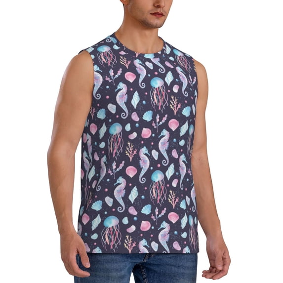 Lsque Watercolor Marine Animals Print Men's Cotton Blend Sleeveless Muscle Shirts (S-3XL)- Moisture Wicking, Odor Protection, UPF 30+,3X-Large