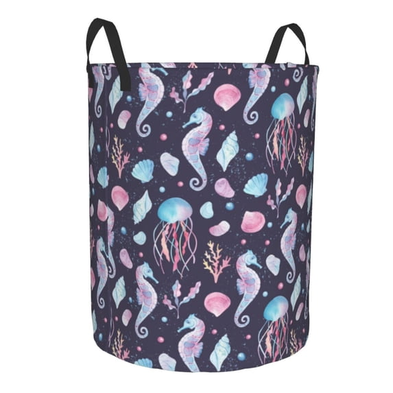 Lsque Watercolor Marine Animals pattern Laundry Hamper Basket, Tall Woven Rope Hamper Basket for Clothes, Lightweight Storage Basket, Collapsible Waterproof-Small