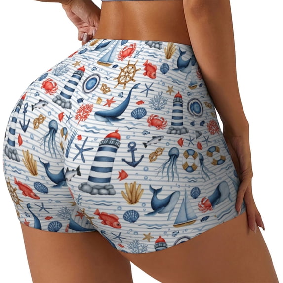 Lsque Watercolor Nautical Pattern High Waisted Biker Shorts for Women-Tummy Control Fitness Athletic Workout Running Yoga Gym Shorts,Moisture-Wicking-XX-Large