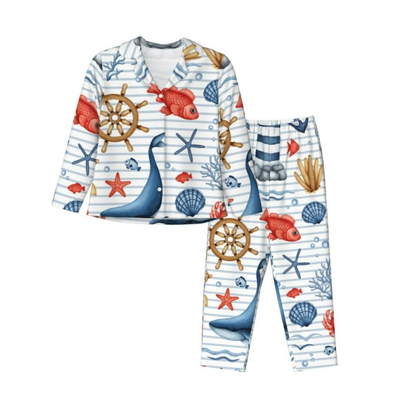 Lsque Watercolor Nautical Pattern Long Sleeve Pajama Set for Women - Soft 2-Piece Sleepwear and Loungewear Set with Pockets, Comfy Nightwear-Medium
