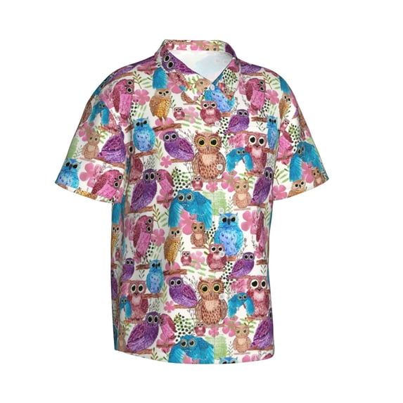 Lsque Watercolor Owl pattern Hawaiian Shirt for Men, Unisex Summer Beach Casual Short Sleeve Button Down Shirts-X-Large