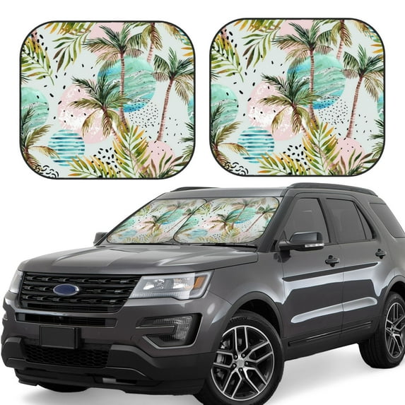 Lsque Watercolor Palm Tree 2 PCS Windshield Sun Shade | CarFoldable Window Covers | Car Accessories Reflect UV for Universal Cars SUV Truck | Small