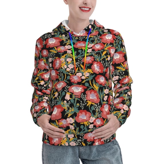 Lsque Watercolor Red Wildflowers Pattern Casual Women's Hoodie,Hooded Sweatshirt with Kangaroo Pocket,Pullover Hoodie with Eye-catching Drawstrings-Small