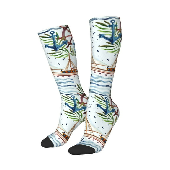 Lsque Watercolor Sailboat Printed Crew Socks Men's Women's LightWeight Thin Casual Calf Socks ,Knee High Socks,Cotton Socks