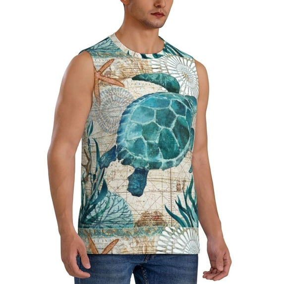 Lsque Watercolor Sea Turtle Print Men's Cotton Blend Sleeveless Muscle Shirts (S-3XL)- Moisture Wicking, Odor Protection, UPF 30+,XX-Large
