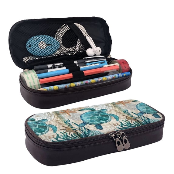 Lsque Watercolor Sea Turtle Printed Big Capacity PU Leather Pencil Case Large Pencil Pouch Stationery Pen Bag Pencil Holder for Teen