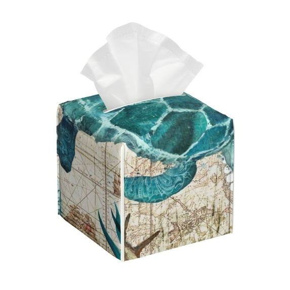 Lsque Watercolor Sea Turtle Printed Tissue Box Cover Holder, Facial Paper Organizer Dispenser,Square with Bottom Belt, PVC Leather Decorative Organizer