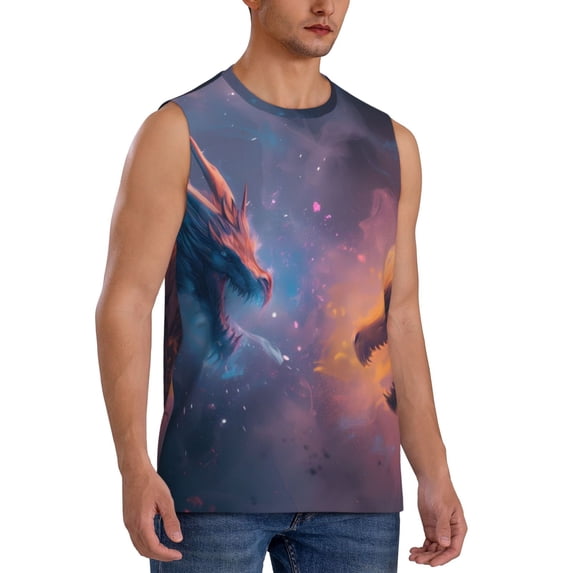 Lsque Watercolor Sky Dragon Print Men's Cotton Blend Sleeveless Muscle Shirts (S-3XL)- Moisture Wicking, Odor Protection, UPF 30+,Medium