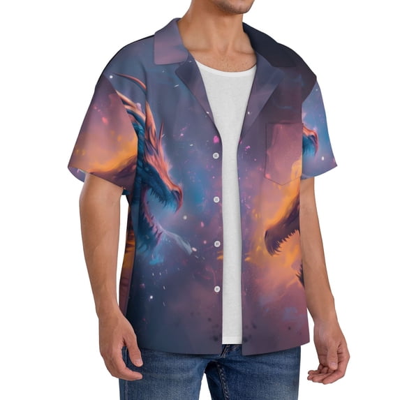 Lsque Watercolor Sky Dragon print Men's Cuban Collar Short Sleeve Shirt Summer Beachwear Casual Button Down Fashionable Vacation Leisure Shirt-Small