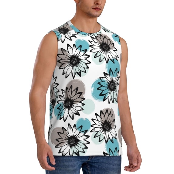 Lsque Watercolor Sunflower Print Men's Cotton Blend Sleeveless Muscle Shirts (S-3XL)- Moisture Wicking, Odor Protection, UPF 30+,3X-Large