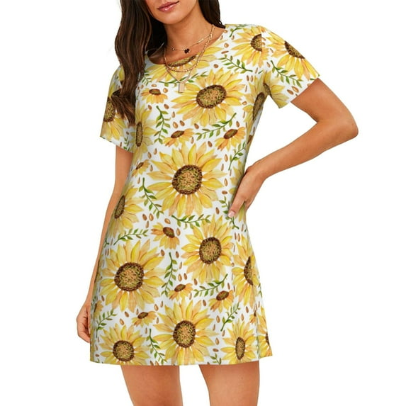 Lsque Watercolor With Sunflowers Pattern Nightgowns for Women Sleep Shirts Short Sleeve Nightshirt Pullover Nightdress Soft Sleepwear Relaxed Fit Nightdress