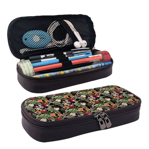 Lsque Watercolor Tropical Flowers Printed Big Capacity PU Leather Pencil Case Large Pencil Pouch Stationery Pen Bag Pencil Holder for Teen