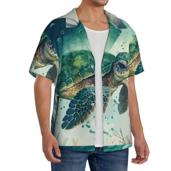 Lsque Watercolor Turtle1 print Men's Cuban Collar Short Sleeve Shirt Summer Beachwear Casual Button Down Fashionable Vacation Leisure Shirt-Medium